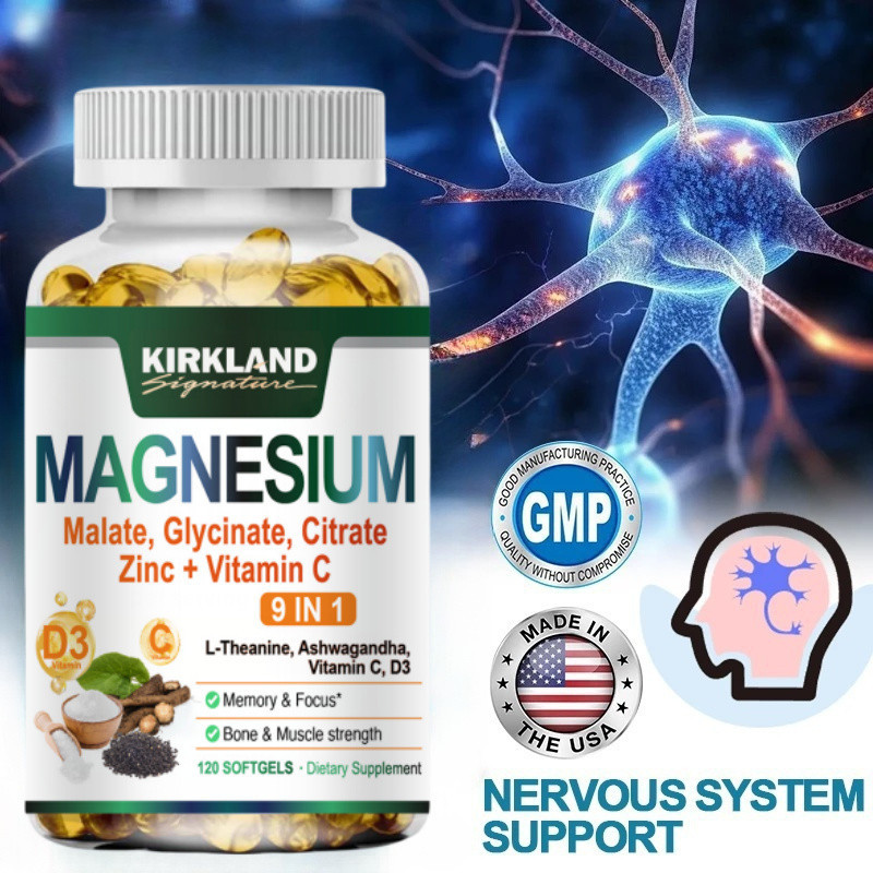 KIRKLAND Magnesium Softgels Magnesium Malate, Glycinate, Citrate Benefit สําหรับโฟกัส, พลังงาน, ภูมิ