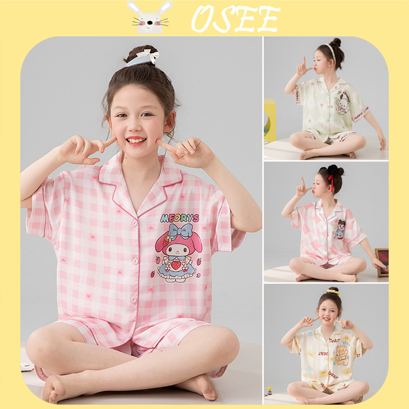 [Osee] 15-70kgs เด็กผู้หญิงชุดนอนแม่และชักมดลูกชุดนอนครอบครัว V คอฤดูร้อนผ้าไหมน้ําแข็งบางชุดชุดนอนเ