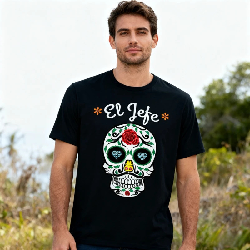 ทีเชิ้ต El Jefe สีสันสดใส ลายกะโหลกน้ำตาล สำหรับเทศกาล Dia De Los Muertos เสื้อยืดสำหรับผู้ชายและผู้