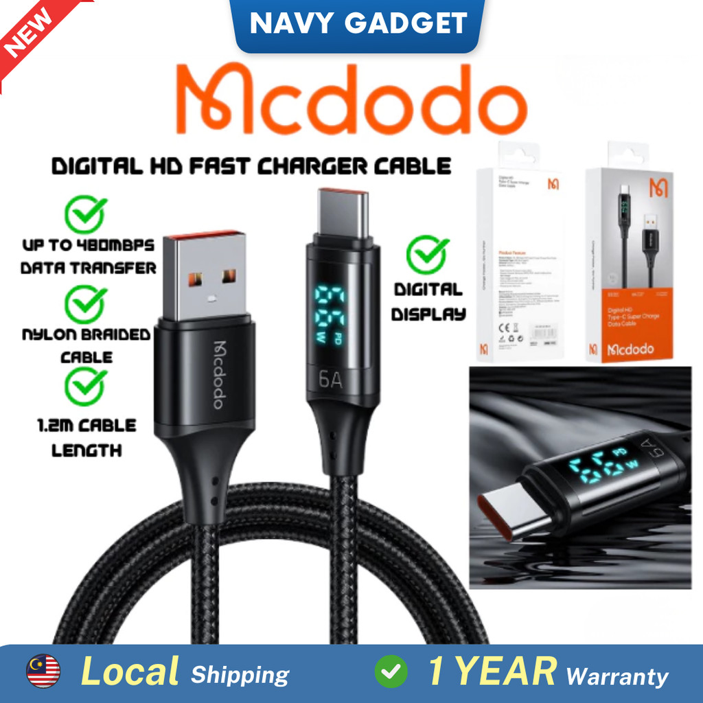 MCDODO Digital HD Data Cable Super Charge Fast Charging สีดํา 1.2m CA 1030 1060 1070 1080 1100