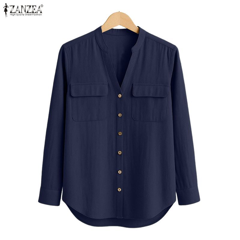 ZANZEA เสื้อแฟชั่นผู้หญิง สไตล์เกาหลี ออกแบบด้วยปก V และแขนยาว สวมใส่สบายสำหรับทุกวัน