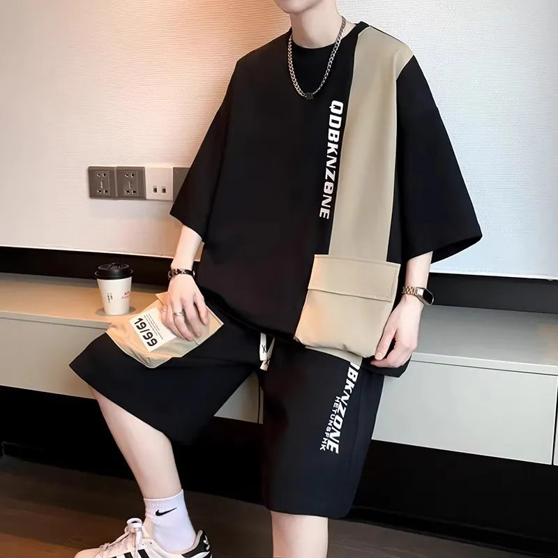 40-100กก.M-5XL45-150กก.ชุดกีฬาลําลองเสื้อผ้าผู้ชาย2025ฤดูร้อนหลวมแขนสั้นเสื้อยืดกางเกงขาสั้นชุดสองชิ