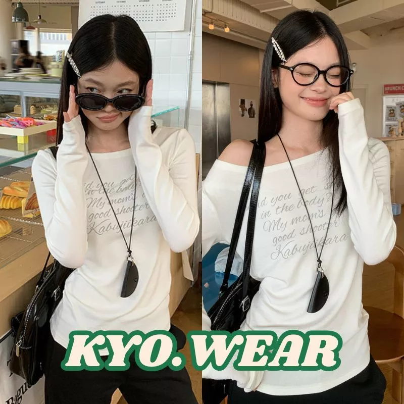 KYO 🌸【พร้อมส่ง】 เกาหลีสไตล์แฟชั่น ปาดไหล่แขนยาว พิมพ์ลาย "DID YOU GET" ผ้าCOTTON โคตรนุ่ม เสือใส่สบาย