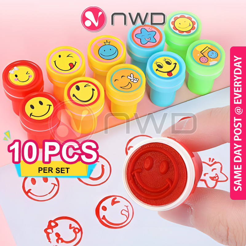 TINY CHEERS 10 ชิ้น/เซ็ต Emoji Fun Stamp Pre-Ink Chop ครูรางวัลนักเรียน Cop Kartun 儿童พิมพ์ NWD