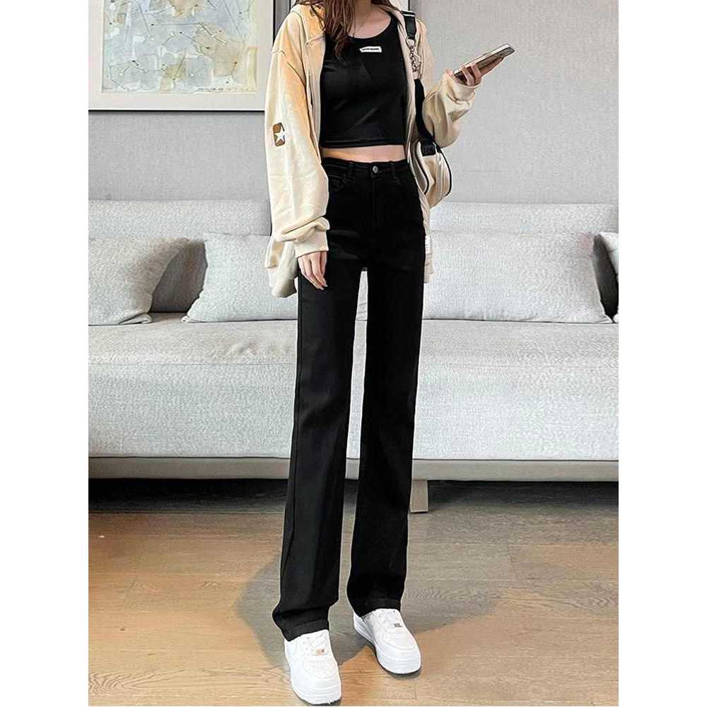 ปลาค็อด 2026สีดํากางเกงยีนส์ตรงผู้หญิงรุ่นแคบฤดูใบไม้ร่วงขนาดเล็กเฟลลาเอวสูงตรงท่อบุหรี่ผู้หญิงขนาดใ