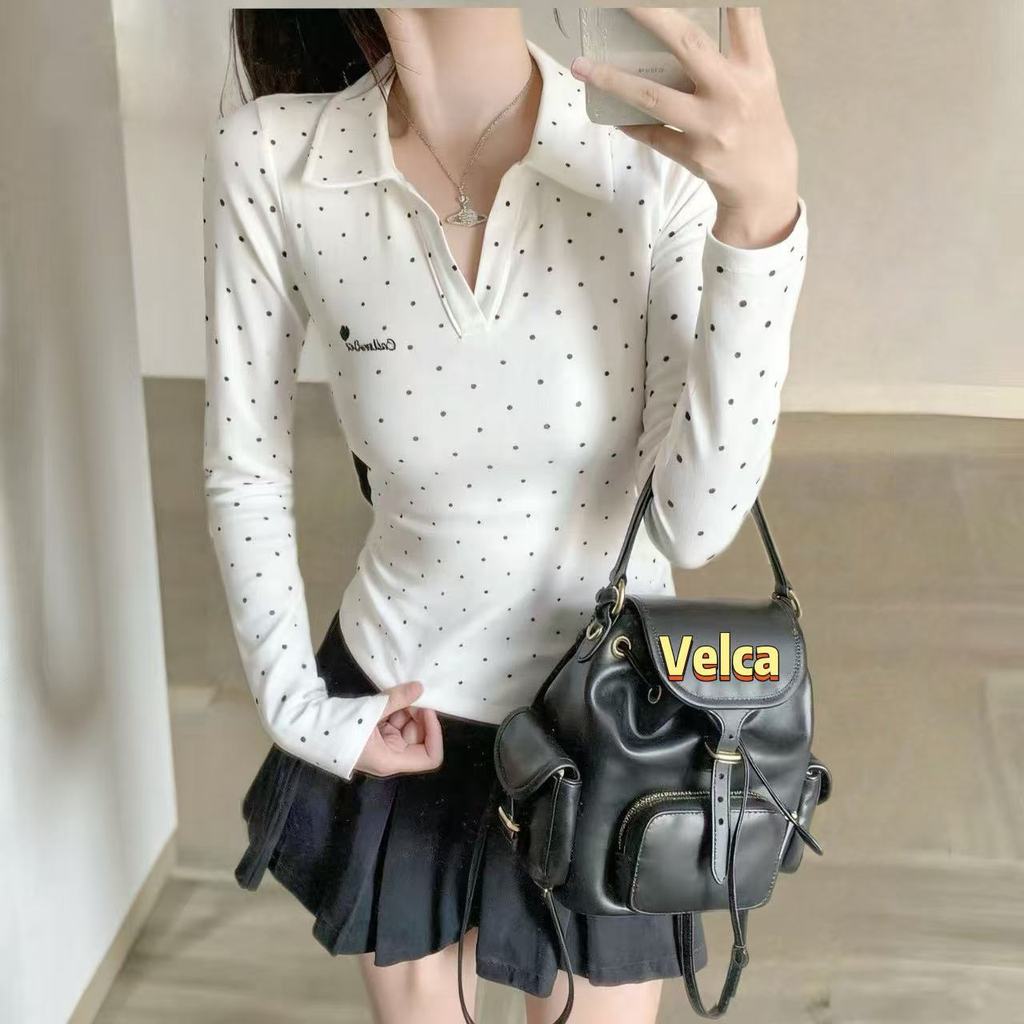 ส่งไวจากไทย เสื้อโปโลแขนยาวผู้หญิง ลายจุด ปักอักษรด้านหน้า ใส่ได้ทุกวัน Velca