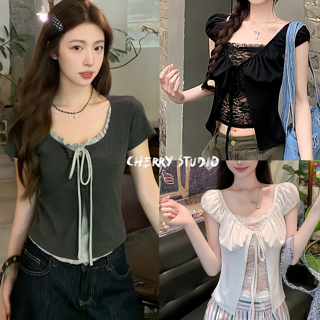 Cherry พร้อมส่งเสื้อยืดแขนสั้นคอวี ผูกโปว์น่ารัก  แต่งลูกไม้เกเสื้อครอปทรงเข้ารูปสีเทา สไตล์เกาหลีเรียบๆลำหลับผู้หญิง