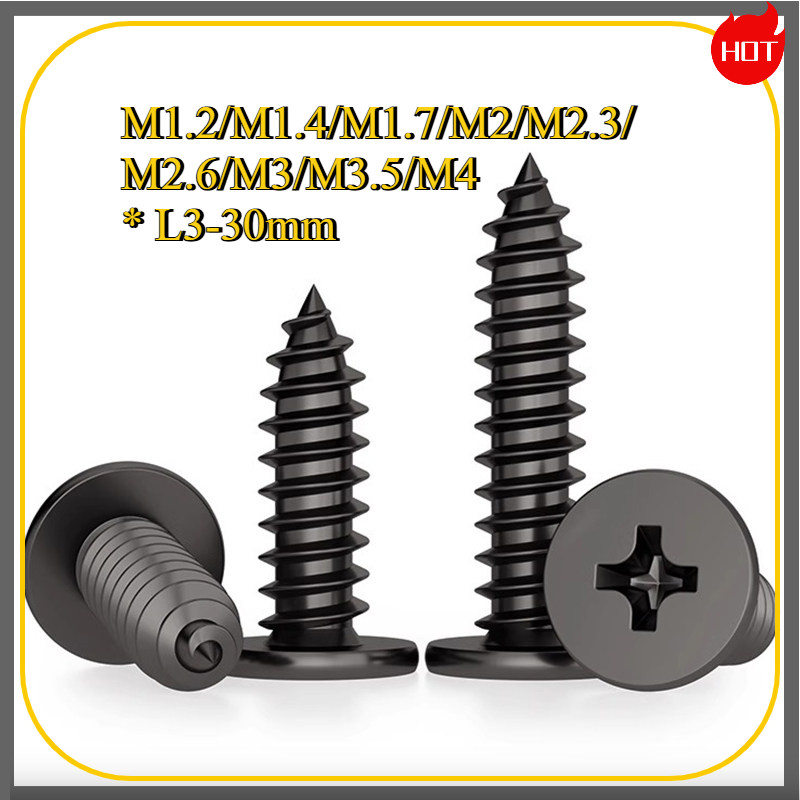 น็อต สกรู หัวแบนบาง แฉก T+สีดํา เกลียวปล่อย M1.2/M1.4/M1.7/M2/M2.3/M2.6/M3/M3.5/M4 * L3-30 มม.JFDP00