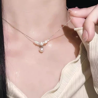 สร้อยคอจี้ซากุระ ประดับมุก (ไม่ลอกไม่ดำ) สไตล์เกาหลี ลุคคุณหนู ของขวัญวาเลนไทน์ สร้อยคอผู้หญิง