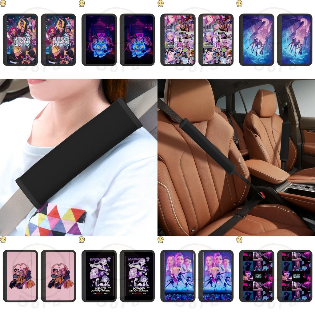 KPop Demon Hunters 2 ชิ้นรถที่นั่งเข็มขัดไหล่ Pad เข็มขัดนิรภัยสีดํา Neoprene เข็มขัดนิรภัยอัตโนมัติ