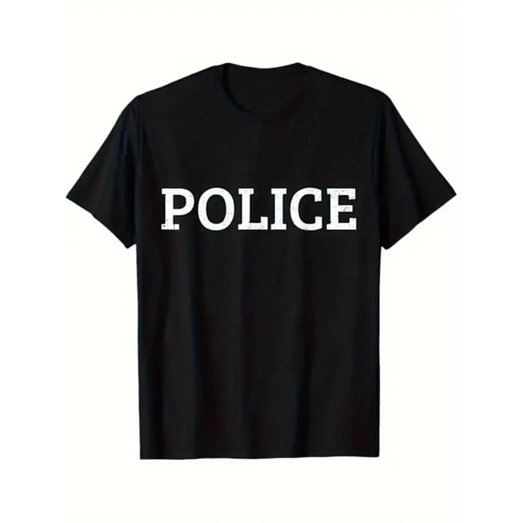 ชุดยูนิฟอร์มตำรวจสีดำสำหรับผู้ชาย เสื้อยืดผ้าฝ้าย สไตล์สบาย พิมพ์ POLICE ที่โดดเด่น เหมาะสำหรับฮาโลวีนและวันขอบคุณพระเจ้