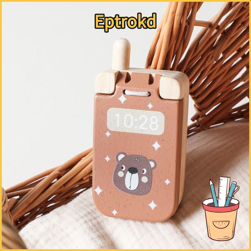 EPTRO Baby Montessori Toy, Bear Wooden Phone Toy, Cartoon Flip with Mirror Sensory Toys