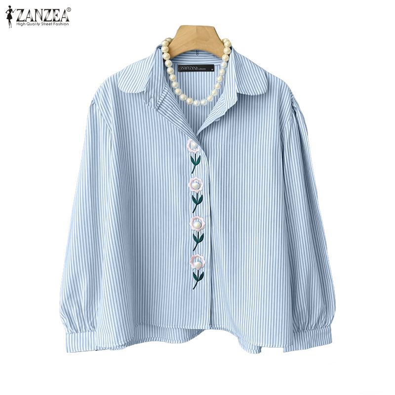 ZANZEA เสื้อผ้าผู้หญิงสไตล์วินเทจเกาหลี ลายดอกไม้และลายทาง มีปกพับลงและแขนยาว