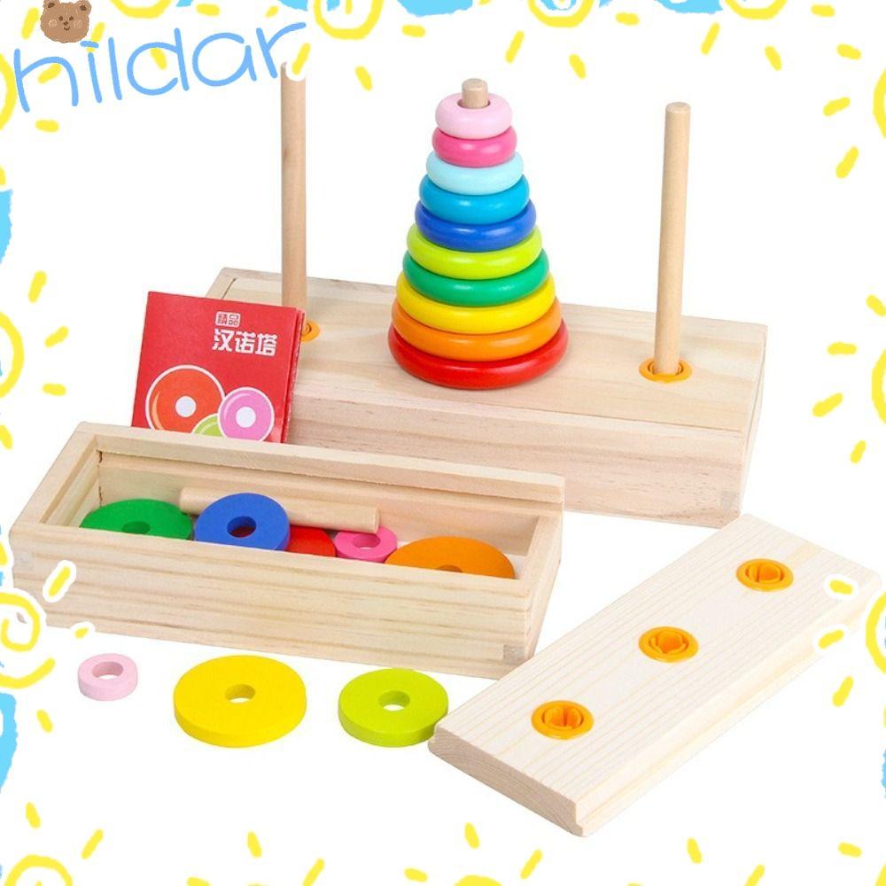 HLAR Hanoi Tower,วัสดุไม้คลาสสิกการออกแบบสายรุ้งซ้อนเกม,การฝึกอบรมมอเตอร์ละเอียดพร้อมกล่องเก็บของสีรุ้งปริศนาการศึกษา