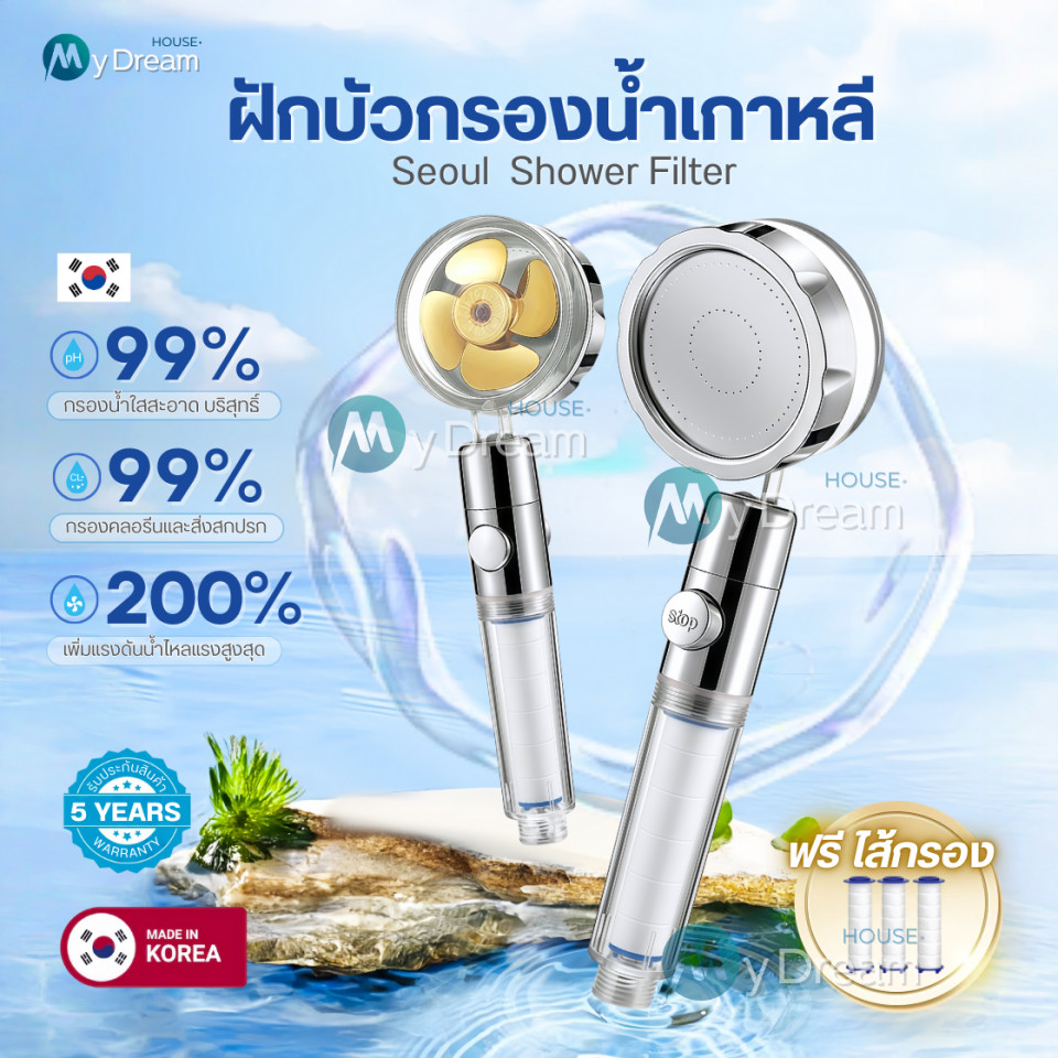 (ใหม่)ฝักบัวกรองน้ำเกาหลี มีใบพัดแรงดันสูง หมุนได้ 360° แถมฟรีไส้กรองฝักบัว ฝักบัวขนาดใหญ่ สปาผิว Seoul Stone Pure Rain