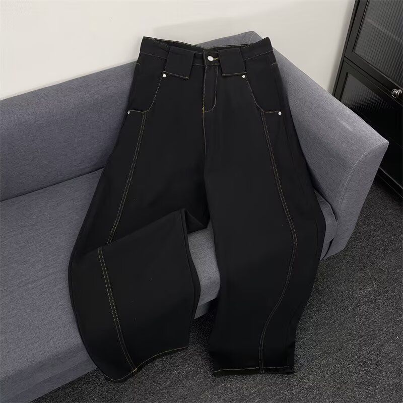 美式复古水洗弯牛仔裤男女高级感炸街百搭直筒宽松阔腿休闲长裤2.2American Retro Washed Curved Jeans for Men and Women, High-End Stree