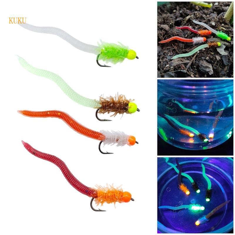 KU * Soft Silicone Worms เหยื่อตกปลาจําลองไส้เดือนเหยื่อพร้อมตะขออุปกรณ์ตกปลาเรืองแสงประดิษฐ์ Ba