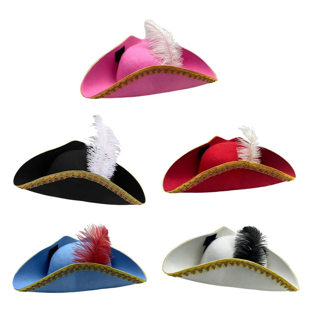 หมวกโจรสลัด Buccaneer Tricorn Feather เหมาะสำหรับการแสดงบนเวที, คอสเพลย์, และเทศกาลต่างๆ