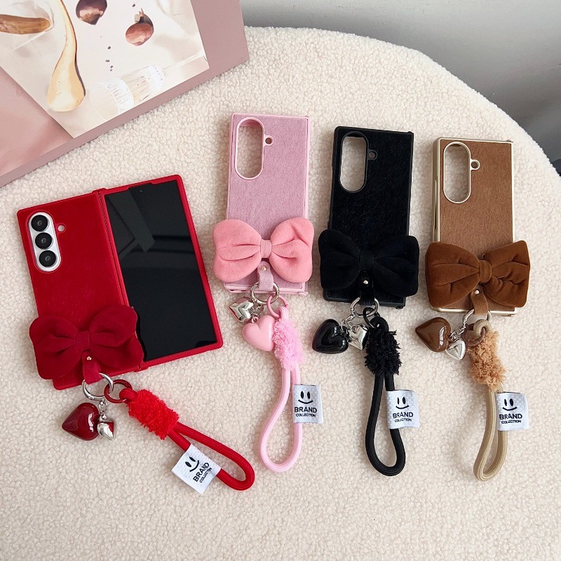 สําหรับ Samsung Galaxy Z พับ 7 6 5 4 3 fold7 5G แฟชั่นน่ารัก Love Heart จี้เชือกสายคล้องมือ 3D Bowknot Plush เคสโทรศัพท์