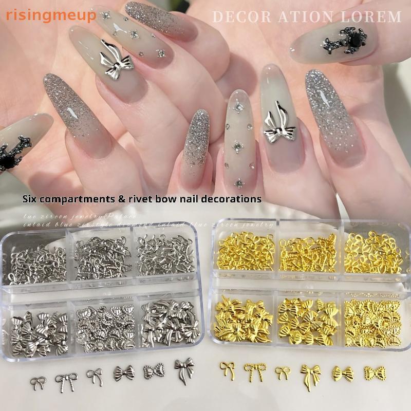[risingmeup] 6 กริดโบว์โลหะเล็บ Charms เลื่อมแผ่นบาง Rhinestone Gold Silver Nail Art ตกแต่งสําหรับเล็บ DIY ใหม่