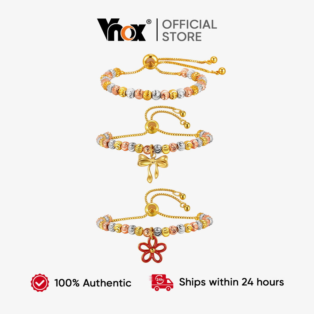 Vnox Tri สีดอกไม้โบว์ลูกปัดสร้อยข้อมือแบบปรับได้สําหรับผู้หญิงสาว,ทองทุกวัน Anti Fading สร้อยข้อมือเครื่องประดับ