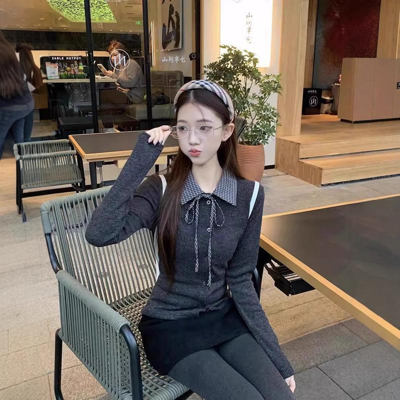 เสื้อยืดแขนยาวลายสก็อตสีเทาเข้มสำหรับผู้หญิง ทรงเข้ารูป ดีไซน์ผูกเอว