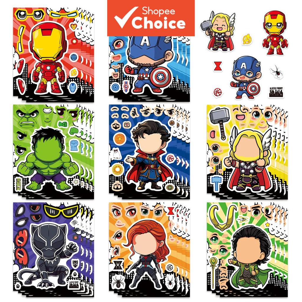 การ์ตูน Hero Puzzle Face Swap สติกเกอร์ 8 ชิ้น, Interactive Puzzle Series, สติกเกอร์กันน้ําสําหรับสม