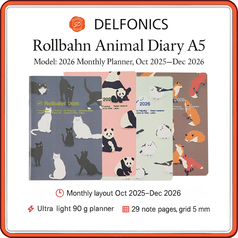 Delfonics Rollbahn Animal Diary A5 2026 Monthly Planner (Oct 2025–Dec 2026) | Lightweight 90 g Noteb