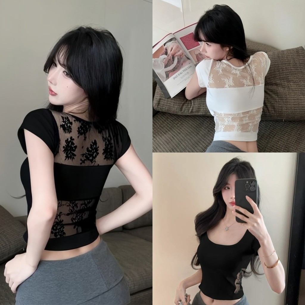 ⭐Soroh⭐เสื้อแขนสั้นผู้หญิง สีทึบ ลูกไม้ เข้ารูป เซ็กซี่ ผ้านิ่ม เสื้อครอป สไตล์เกาหลี แฟชั่น ใส่สบาย