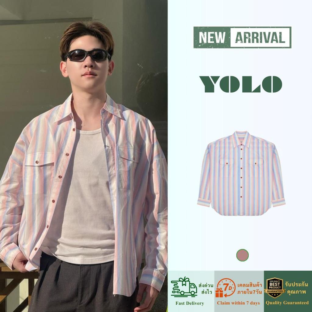 YOLO เสื้อเชิ้ต OVERSIZE เสื้อเชิ้ต เสื้อเชิ้ตไตส์เกลาหลี เสื้อเชิ้ตสำหรับผู้ชาย  ติดกระดุมหน้า Y262111