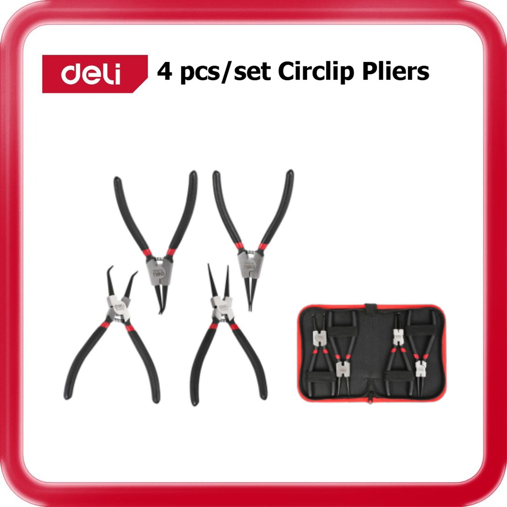 [ DELI ] (DL104407) ชุดคีมแหวนล็อคสลัก 4 ชิ้น 170 มม. (7") เครื่องมือแหวนสแน็ปภายนอกภายในพร้อมเคส