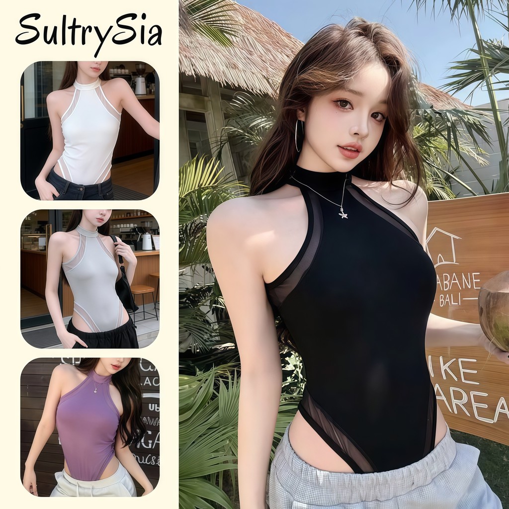 SultrySia ผู้หญิงบอดี้สูทสายเดี่ยว ไหล่เปล่า เซ็กซี่ ทรงเข้ารูป สไตล์เกาหลี สีเรียบ-FY7015