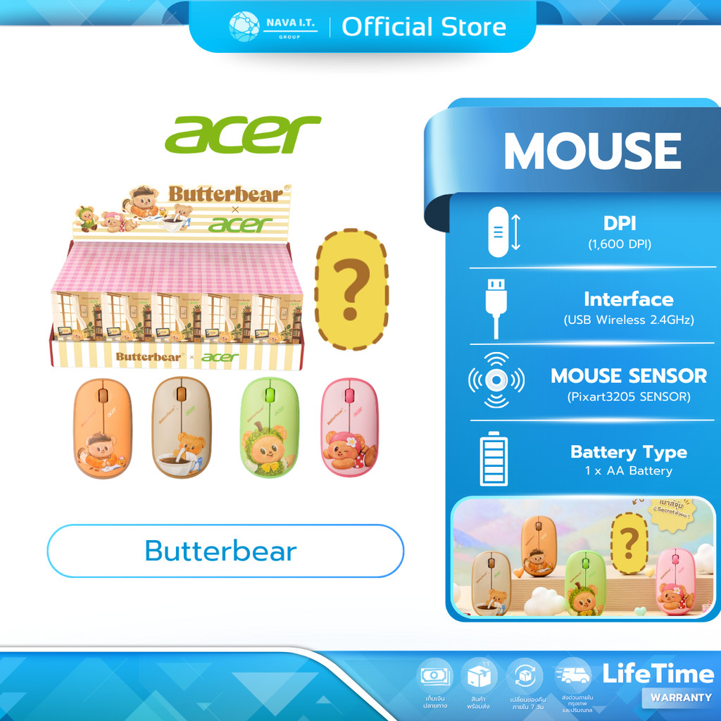 มี Acer เมาส์ Mouse Butterbear กล่องสุ่ม 5 แบบ รับประกันตลอดอายุการใช้งาน