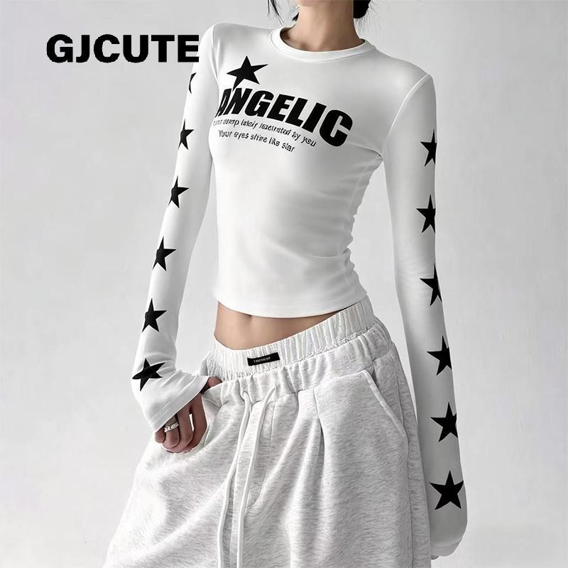 GJCUTE Retro อเมริกันแขนยาวเสื้อยืดฤดูใบไม้ร่วง 2025 สไตล์ใหม่ Slim Fit พิมพ์ตัวอักษรอินเทรนด์รอบ Ne