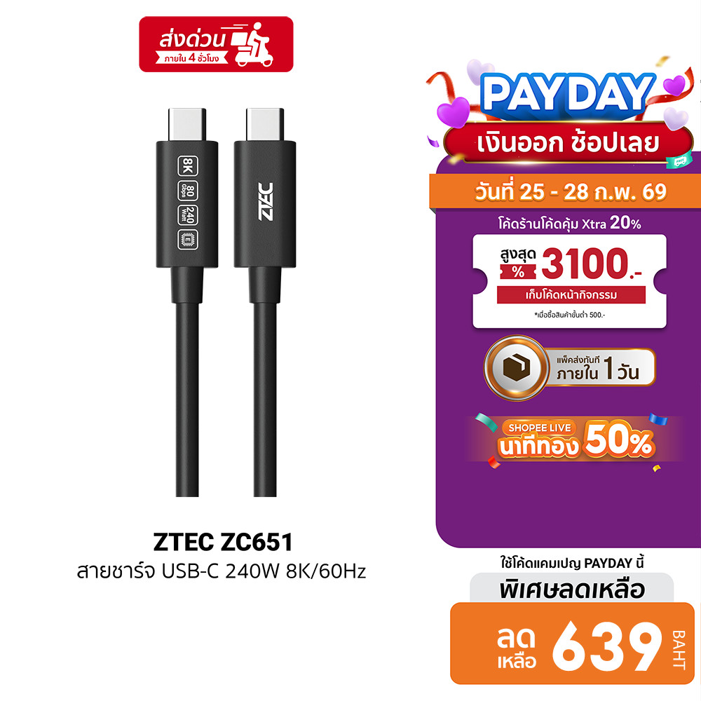 [ลดเหลือ 639] ZTEC Thunder 5 Cable ZC651 สายชาร์จ ส่งข้อมูล 80Gbps USB4 240W 8K/60Hz -2Y