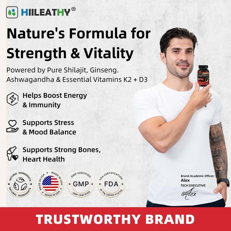 HIILEATHY Shilajit Pro Max - 60 แคปซูลพร้อม K2 D3 Fulvic Acid & Electrolytes สําหรับ Energy Muscle R