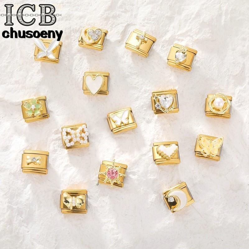 ยอดนิยม Love Golden Pearl Heart ดอกไม้อิตาเลี่ยน Charm Links Fit 9 มม.สร้อยข้อมือสแตนเลสทําเครื่องประดับ
