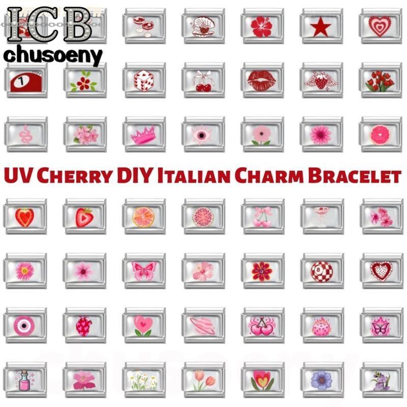 ใหม่ UV Red Heart Cherry Italian Charm สร้อยข้อมือ Fit 9 มม.สร้อยข้อมือสแตนเลส DIY เครื่องประดับทําอุปกรณ์เสริมบุคลิกภาพโมดูลสร้อยข้อมือเครื่องประดับตกแต่ง