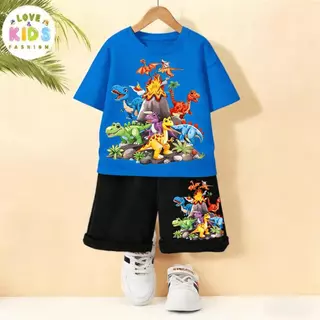 ชุดเด็กชายสนุกๆ ลายไดโนเสาร์หลายสายพันธุ์รอบภูเขาไฟ | เสื้อ+กางเกงขาสั้น ใส่สบาย คุณภาพดี | Dinosaur Volcano Adventure S
