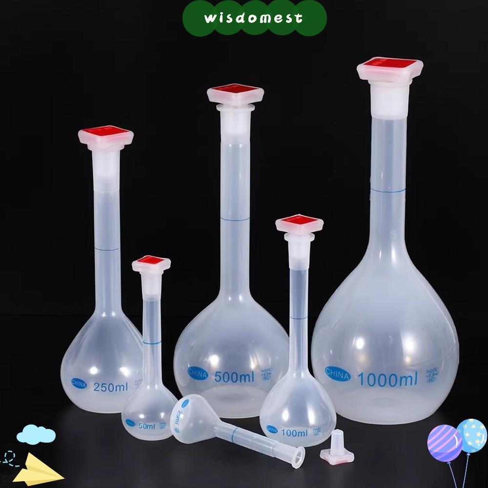 ขวดปริมาตร WISDOMEST, พลาสติก 25/50/100/250/500/1000ml, แบบพกพาคอยาวพร้อม Stopper ขวดกระจายของเหลวสําหรับทดสอบอุปกรณ์ห้องปฏิบัติการ