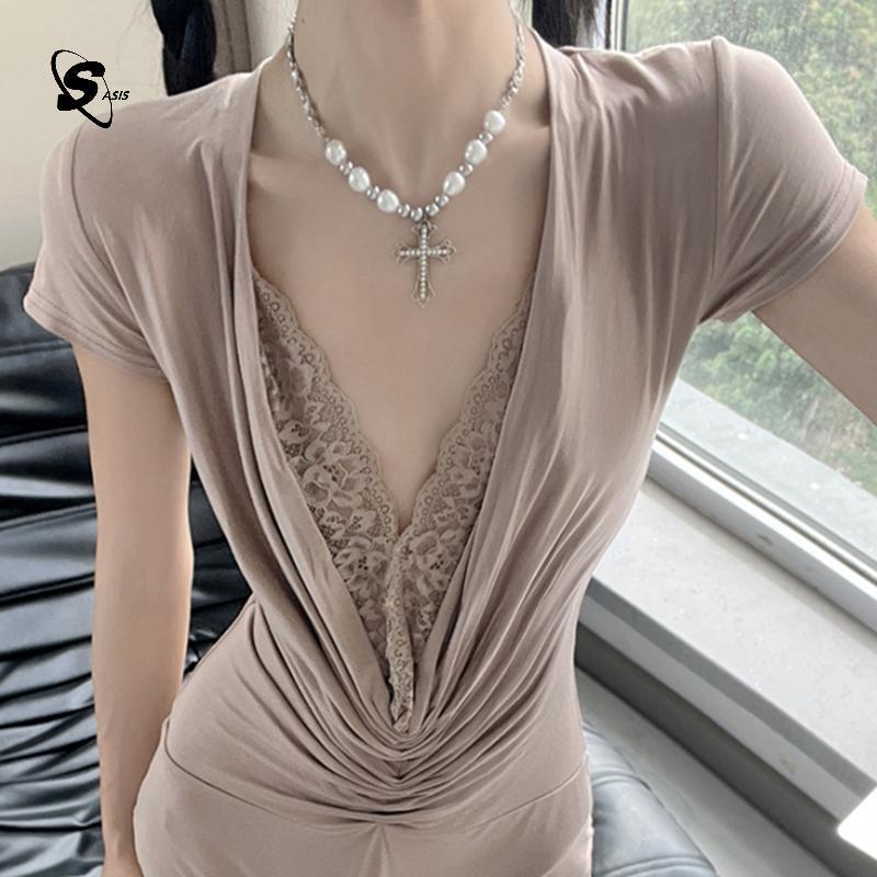 ชุดบอดี้สูทแขนสั้นลูกไม้ Chic แบบ V-neck สไตล์ High Street เหมาะสำหรับฤดูร้อน