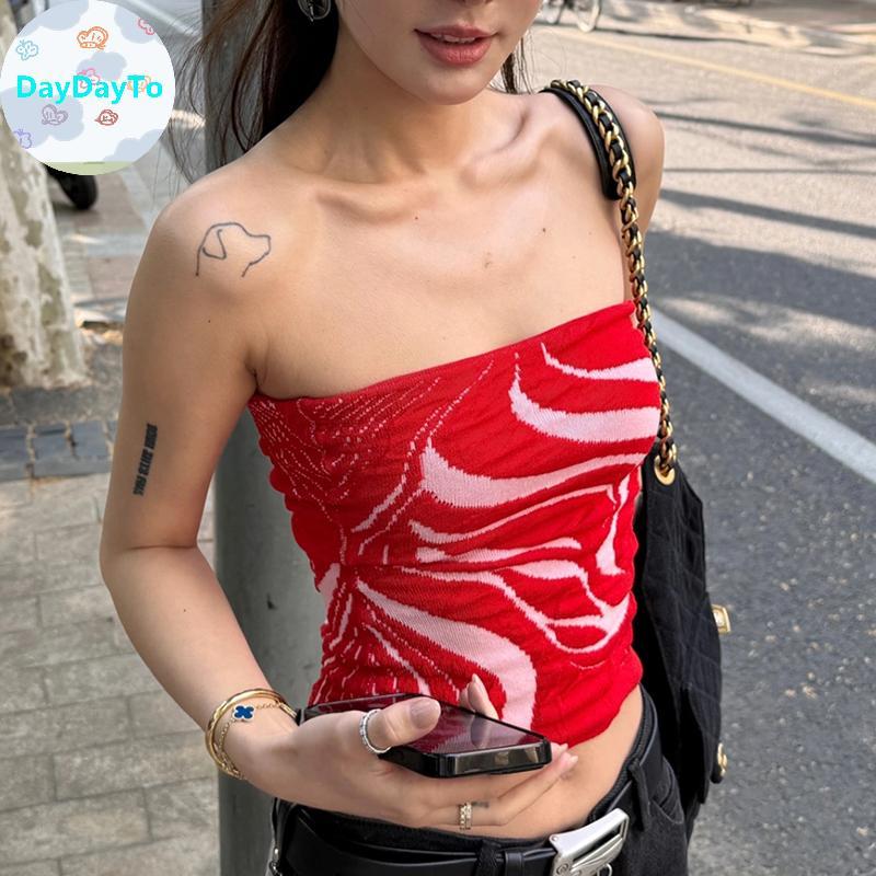 DayDayTo Y2k Tie-dye เสื้อกั๊กแขนสั้น Top Strapless ตาข่าย Halter Tops แขนกุด Bandeau เสื้อกล้าม Goi