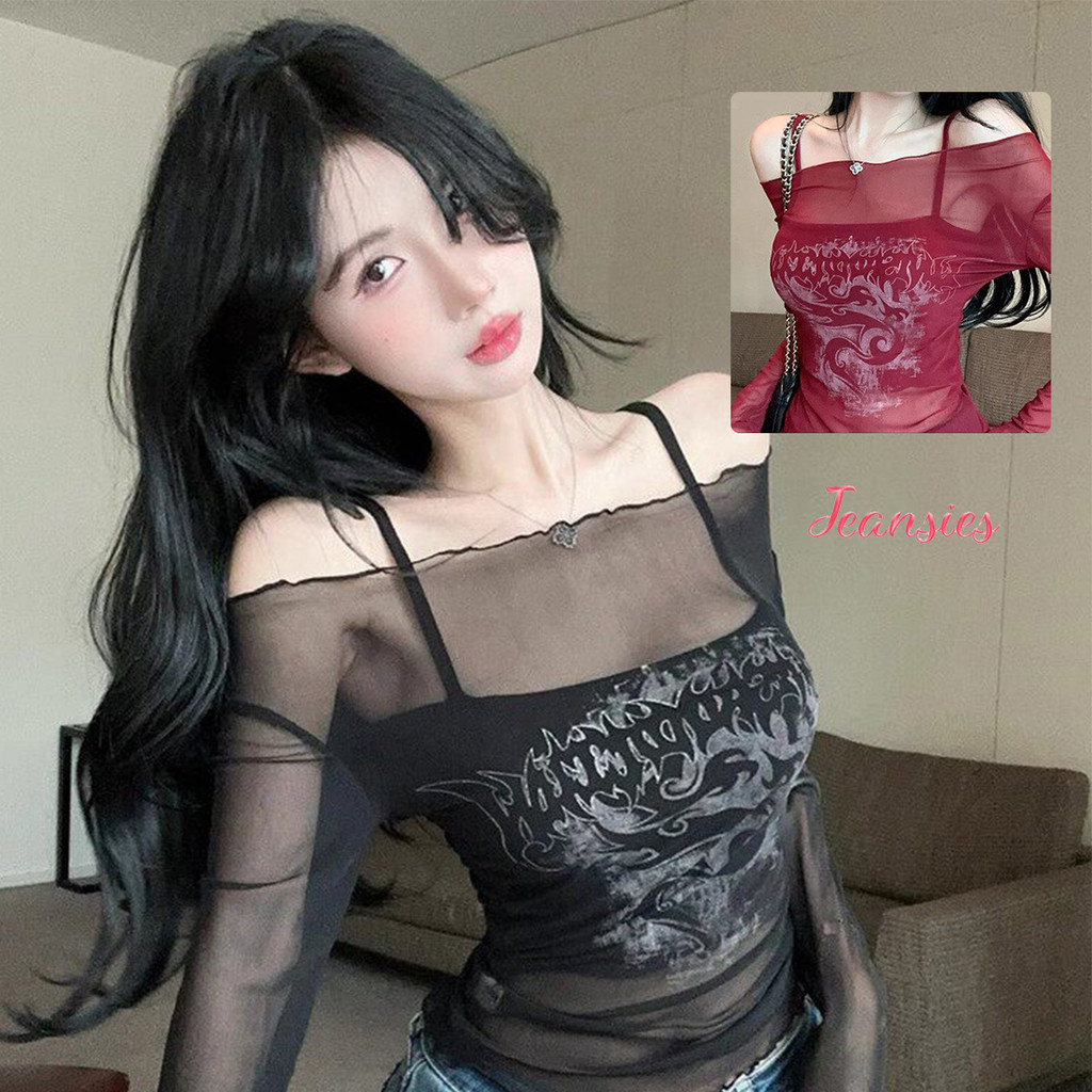 ชุดเซ็ต เสื้อเกาะอกสายเดี่ยว + เสื้อคลุมตาข่ายแขนยาว ลุคเกาหลีสุดปัง
