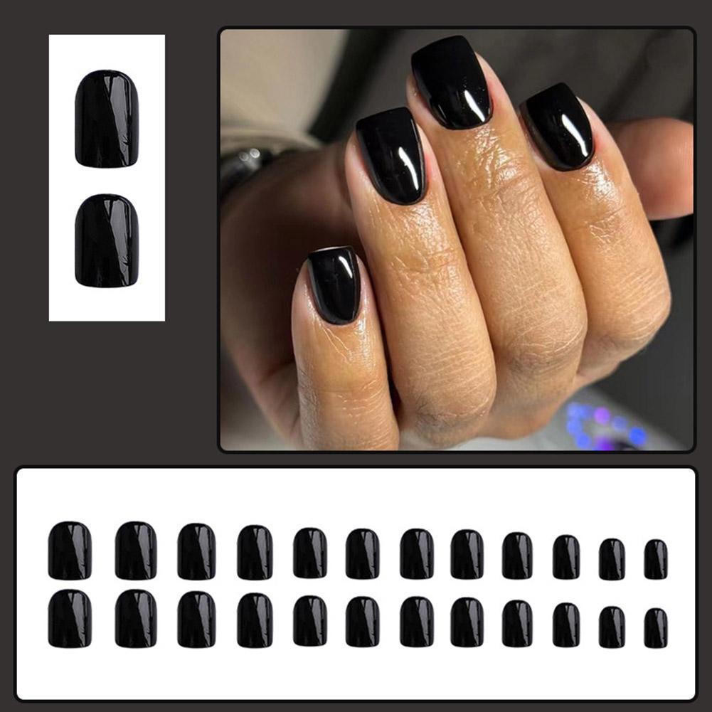 Artaug Medium Press On Nails Square Black High Nail On Cover Set Saturation Nails Press E7i8