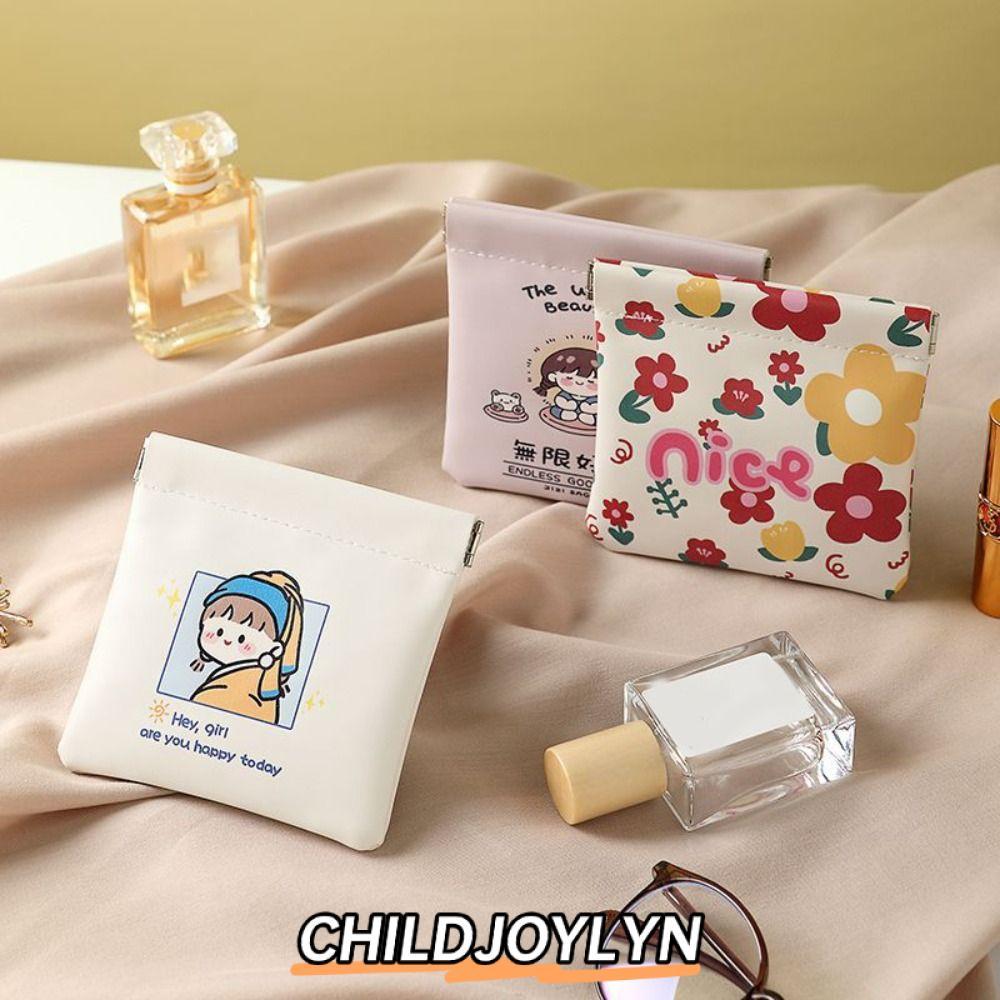CHILDJOYLYN กระเป๋าลิปสติก, กระเป๋าเครื่องสําอางขนาดเล็กแบบพกพาหนัง Pu แบบนุ่ม, กระเป๋าแต่งหน้าปิดอัตโนมัติลายการ์ตูน