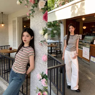 เสื้อยืด ลายทาง แขนสั้นทรงเข้ารูปสวย ช่วยเสริมสรีระให้ดูเพรียวบาง