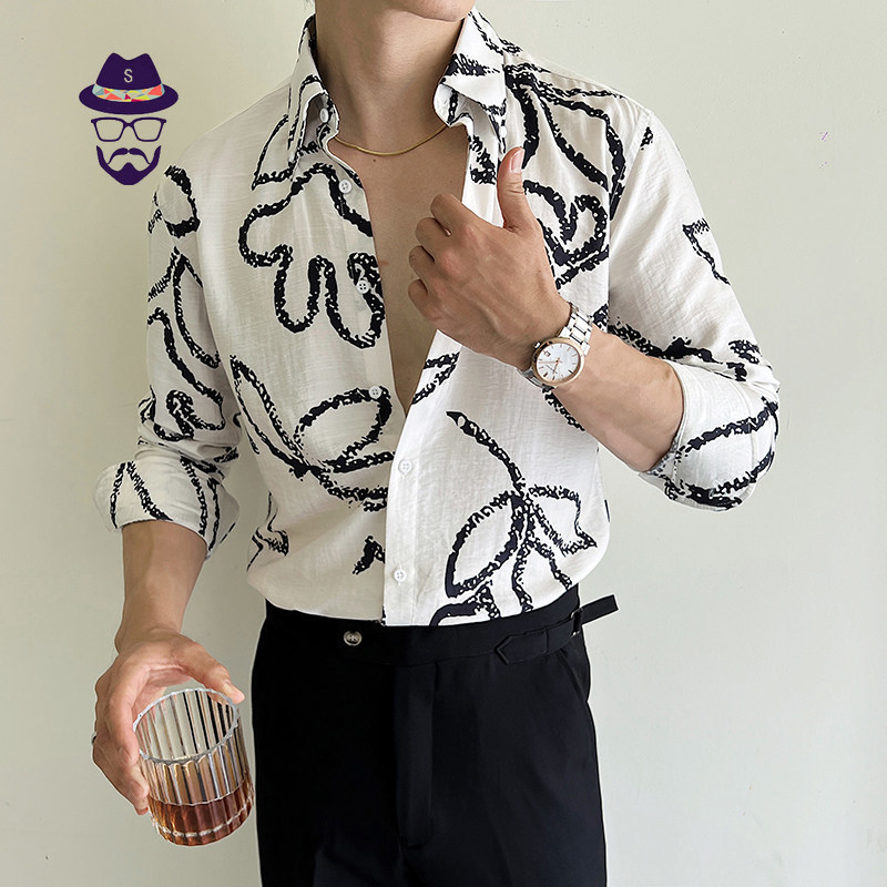 ONEs High-End Sense Lyocell Tencel แฟชั่นหล่อ Textured ดอกไม้ผู้ชายเสื้อแขนยาวสีขาว C2519PG968 ชุดอย