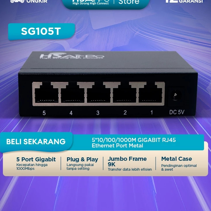 HSAirPo สวิทช์ Ethernet SG105T 5 พอร์ต Gigabit 10/100/1000M RJ45 LAN HUB CASING โลหะ HSAIRPO SG105T