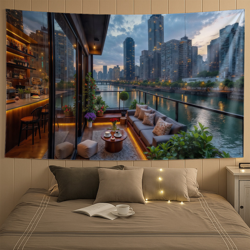Jiangjing ขนาดใหญ่แบนชั้นสไตล์ Tapestry Tropical Seascape วันหยุดสไตล์ Tapestry ห้องนอนข้างเตียงบรรยากาศพื้นหลังผ้า Seaside B & B ห้องนั่งเล่นตกแต่ง Tapestry สไตล์ขี้เกียจ Pho