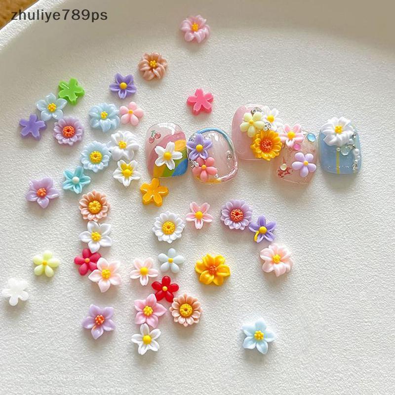 จูลี่เย่789ปล] 50ชิ้นดอกไม้ที่มีสีสันอุปกรณ์เล็บเดซี่ห้ากลีบดอกไม้เรซิ่นเล็บเจาะ3ง ผสมดอกไม้เล็บเครื่องประดับตกแต่ง วัสดุ ใหม่